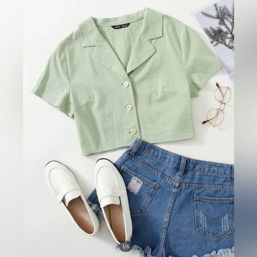 Mint Green Cropped Button Down Women’s XL - Picture 2 of 5